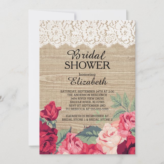Country Lace Roses Wood Bridal Shower Invitation (Front)