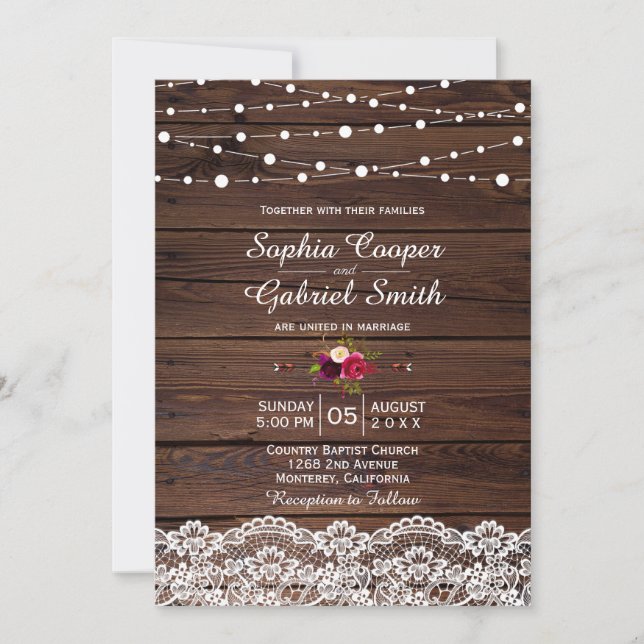 Country Lace String Lights Wood Wedding Invitation (Front)