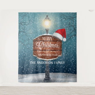 Country lamp post night light Christmas hat snow Tapestry