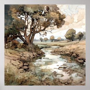 Country Landscape Watercolor Poster
