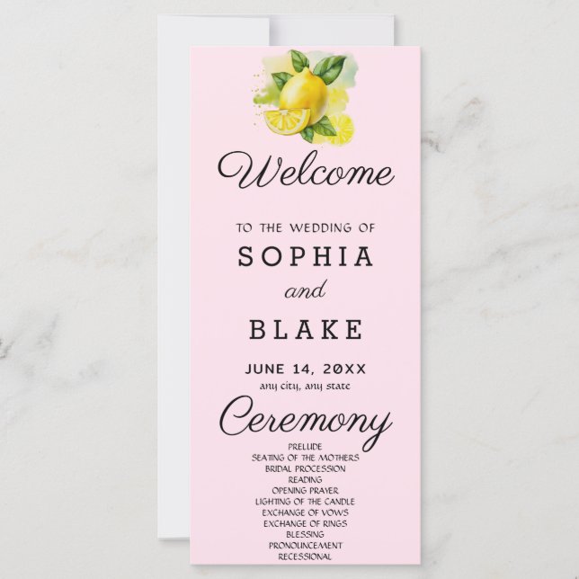 Country Lemon Greenery Soft Pink Wedding Program (Front)