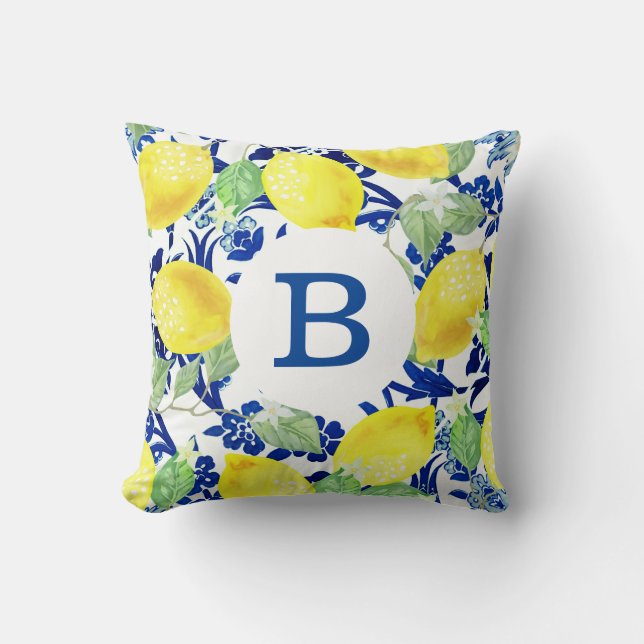 Country Lemons & Blue Floral | Monogram Throw Pillow (Front)