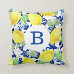 Country Lemons & Blue Floral | Monogram Throw Pillow