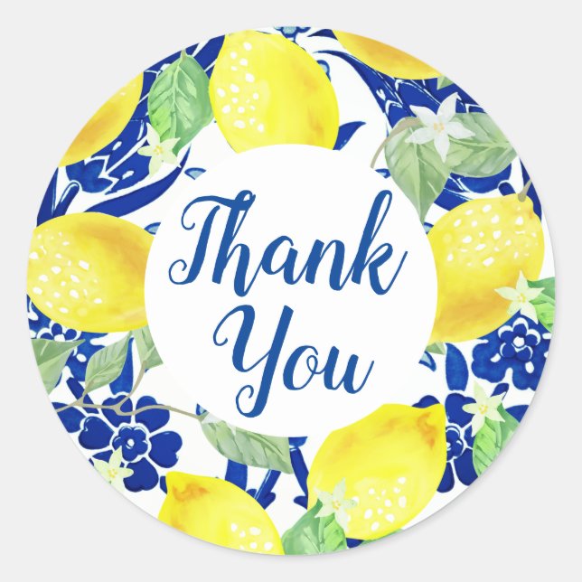 Country Lemons &  Blue Floral Thank You Classic Round Sticker (Front)