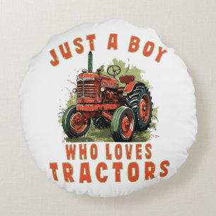 Country Life Boy who loves tractors Round Pillow