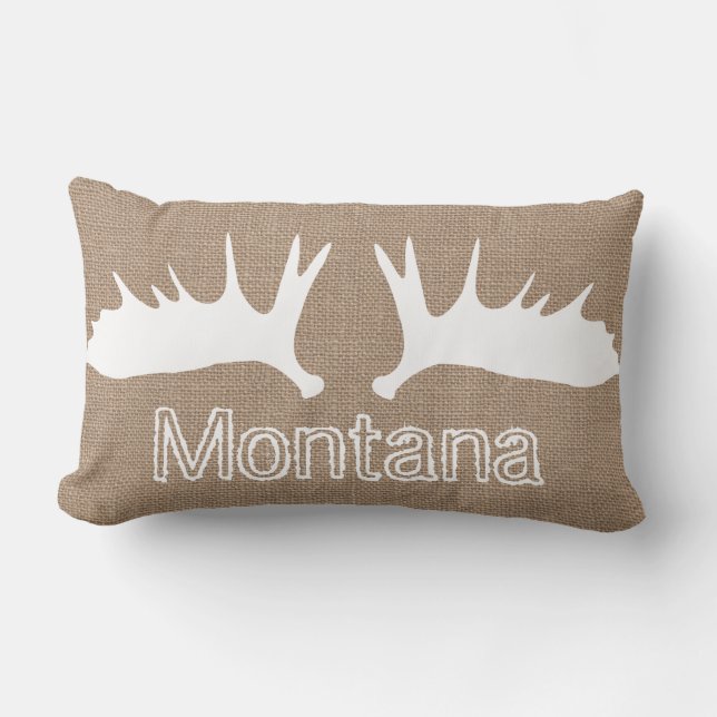 Country Light Burlap White Moose Antlers Custom Lumbar Pillow (Front)