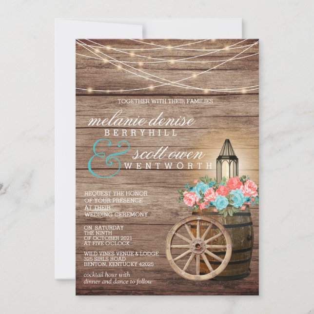 Country Light Teal and Coral Flowers Invitation (Front)