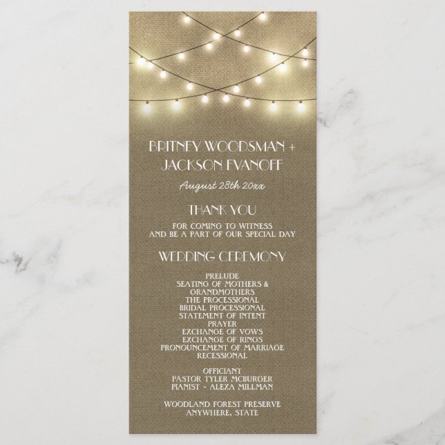 Country Lights + Rustic Burlap Wedding Programs (Front)