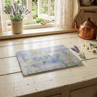 Country Love Floral Blue Gingham and Daisies Cutting Board