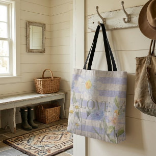 Country Love Floral Blue Gingham and Daisies Tote Bag