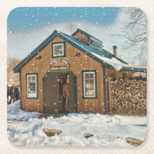 Country Maple Sugar House Square Paper Coaster