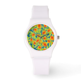 Country Marigolds on Blue Sporty White Wristwatch