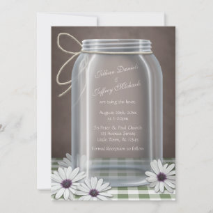 Country Mason Jar Daisy Green Brown Wedding Invitation