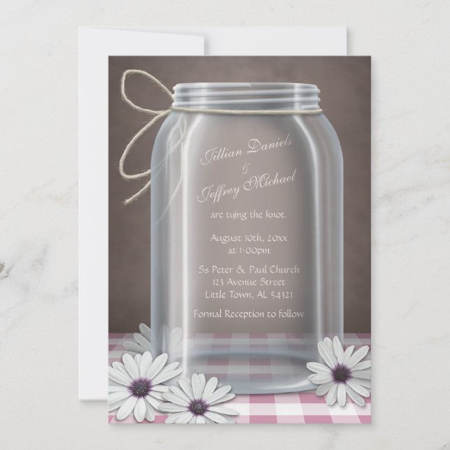 Country Mason Jar Daisy Pink Gingham Wedding Invitation (Front)