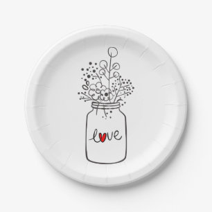 Country Mason Jar Floral Black White Wedding Party Paper Plate