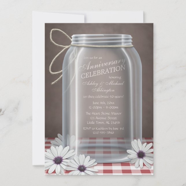 Country Mason Jar Red Gingham Anniversary Invitation (Front)