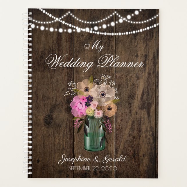 Country Mason Jar Wood Flower Wedding Planner (Front)