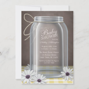 Country Mason Jar Yellow Gingham Baby Shower Invitation