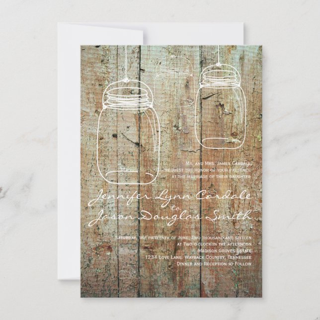 Country Mason Jars Barn Wood Wedding Invitations (Front)