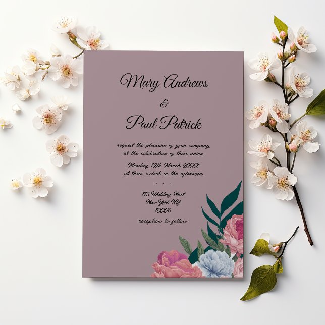 Country mauve pink botanical floral Wedding Invitation (Country mauve pink botanical floral Wedding )