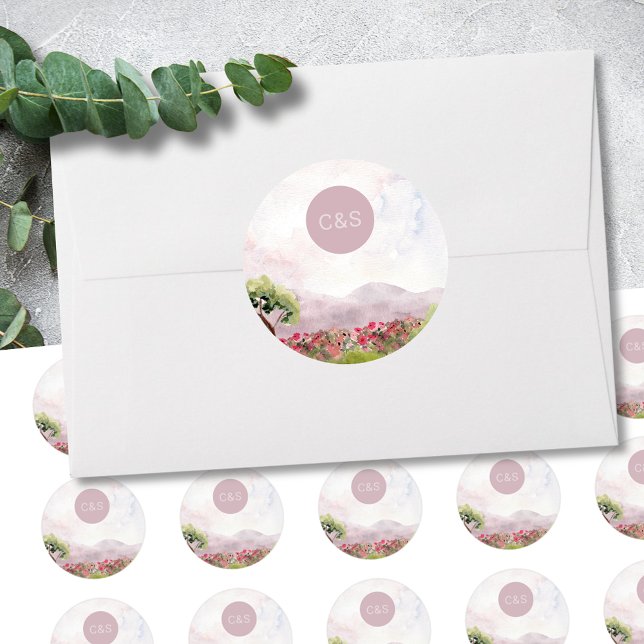 Country Meadow Watercolor Wedding Simple Monogram Classic Round Sticker (Creator Uploaded)