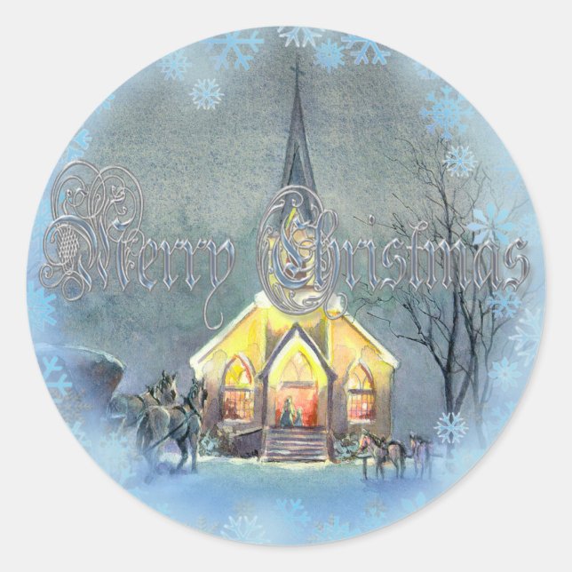 COUNTRY MERRY CHRISTMAS CHURCH by SHARON SHARPE Classic Round Sticker (Front)