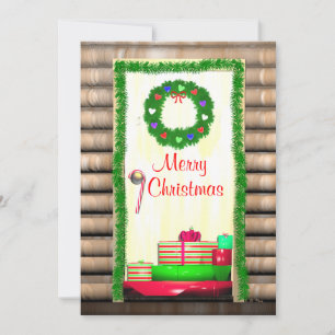 Country Merry Christmas Door Flat Greeting Card