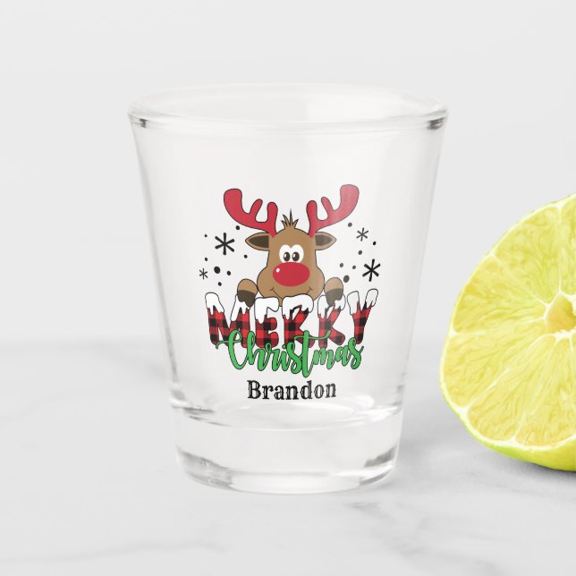 Country Merry Christmas reindeer add name Shot Glass (Front)