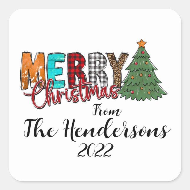 Country Merry Christmas Tree Square Sticker (Front)