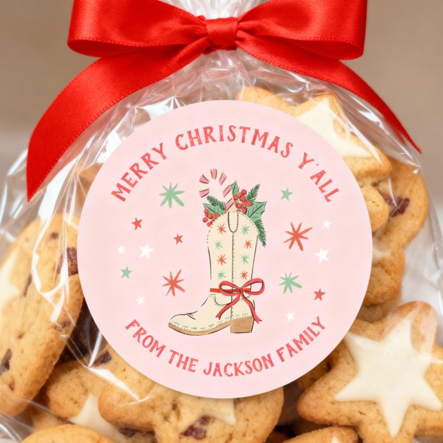 Country Merry Christmas Y'all Cowboy Boot Gift Classic Round Sticker (Merry Christmas y'all stickers with festive cowboy foot illustration)