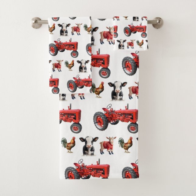 Country Modern Farm Animals Pattern Animal Barn  Bath Towel Set (Insitu)