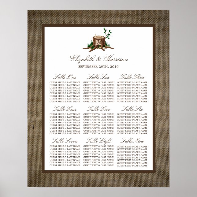 Country Monogram Tree Burlap Wedding Seating Chart (Front)