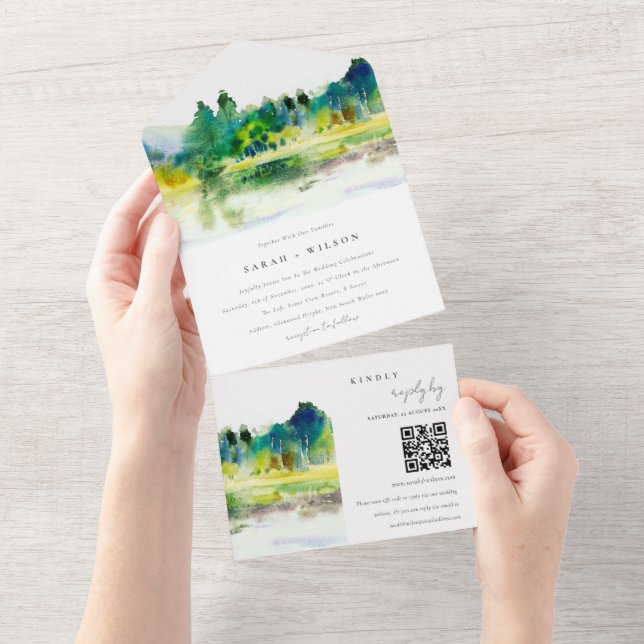 Country Mountains River Landscape Wedding QR Code All In One Invitation (Tearaway)