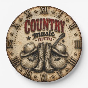 Country Music Festival Rustic Cowboy Boots Guitar Paper Plate