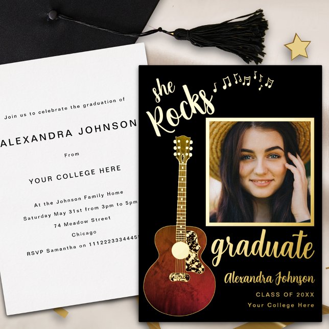 Country Music Graduate Party Script Black and Gold (Fun modern black and gold foil script graduate photo country music theme graduation party invitation)
