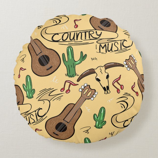 Country Music Guitar Cactus Pattern Round Pillow (Front)