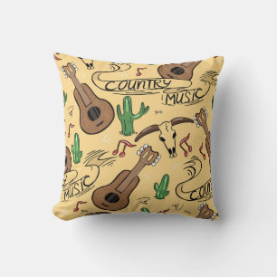Country Music Guitar Cactus Pattern Throw Pillow