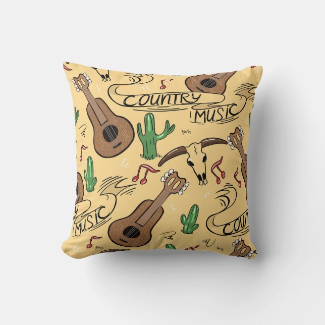 Country Music Guitar Cactus Pattern Throw Pillow (Front)