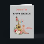 Country Music Happy Birthday card. Editable Card<br><div class="desc">Just the thing for anyone into country music with acoustic guitar,  music notes and cowboy boots graphic and easy to customize with personal names and messages for that extra special touch at no extra cost.</div>