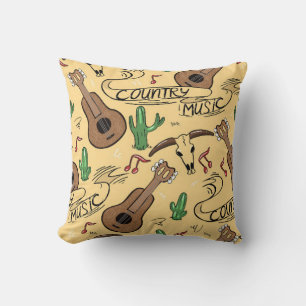 Country music seamless pattern with guitars, cacti throw pillow