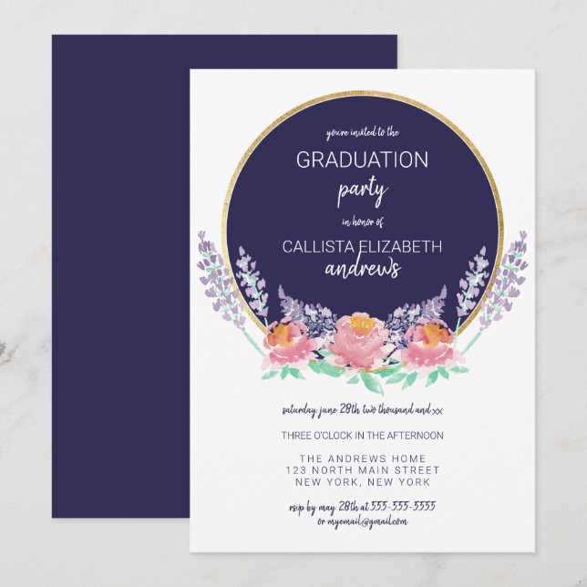 Country Navy Pink Lilac Wild Flower Graduation Invitation (Front/Back)