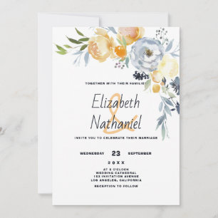 Country orange blue white botanic floral wedding invitation
