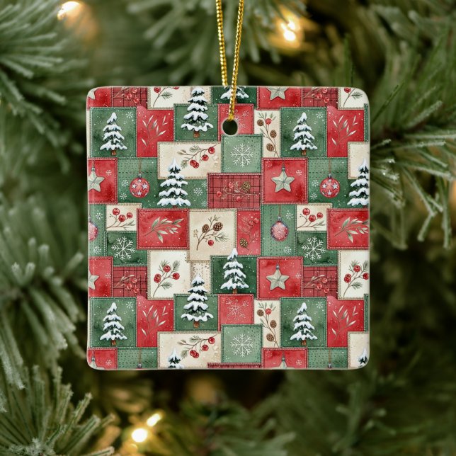 Country patchwork christmas pattern ceramic ornament (Tree)