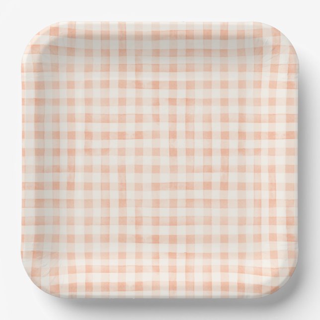 Country Peach Coloured Gingham Paper Plates (Front)