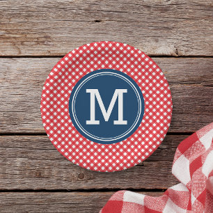 Country Picnic Red Gingham Personalize Monogram Paper Plate