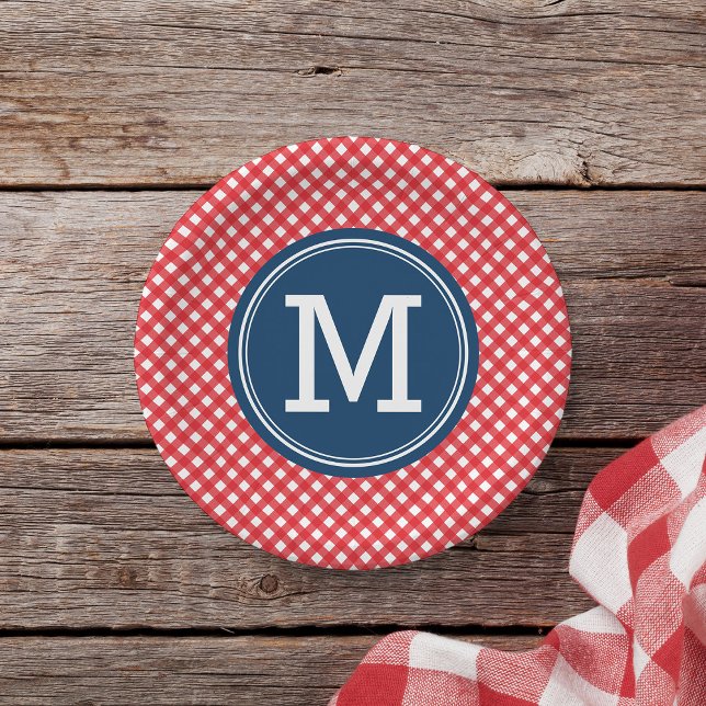 Country Picnic Red Gingham Personalize Monogram Paper Plate (Creator Uploaded)