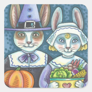 COUNTRY PILGRIMS, THANKSGIVING RABBIT STICKERS Squ