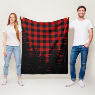 Country pine trees red black buffalo plaid fleece blanket