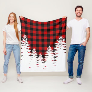 Country pine trees red black buffalo plaid fleece blanket
