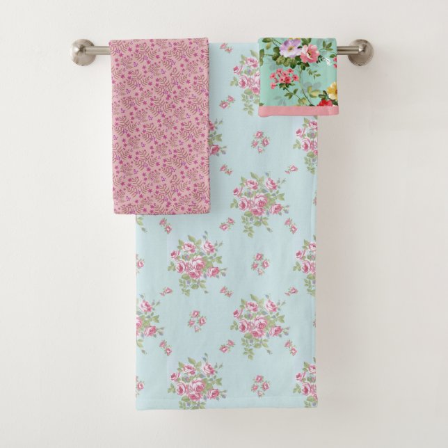 Country Pink and Blue Floral Towel Set (Insitu)